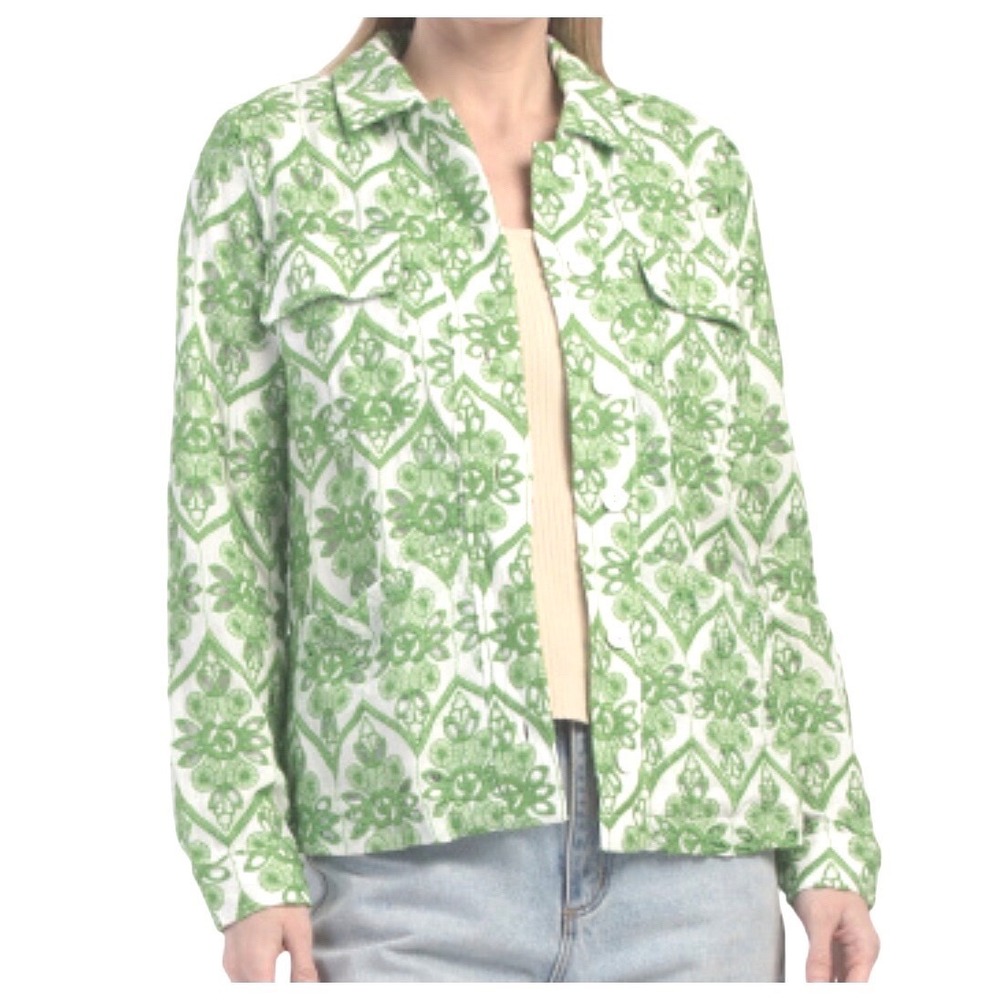 Ciebon‎ Embroidered Jacket pockets buttons Medium Green White Eyelet Lace Preppy